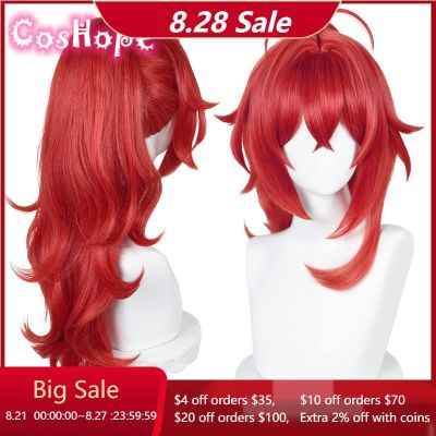 Genshin Impact Diluc Cosplay Wig High Ponytail Red Wig Cosplay Diluc Manga Wig Anime Cosplay Wig Heat Resistant Synthetic Wigs