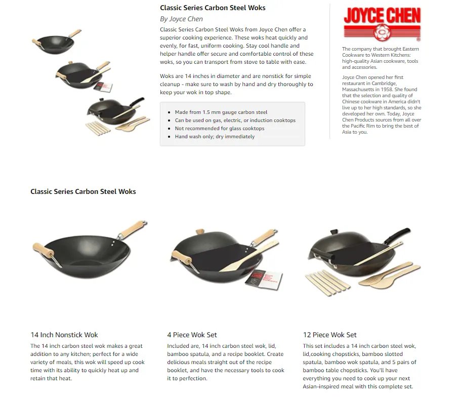 Joyce Chen Classic Series Carbon Steel Nonstick Wok Set (4-Piece Set)