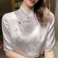 Retro Stand Collar Improved Cheongsam Shirt Womens 2022 Summer New Chinese Style Court Style Crane Buckle Top White T-Shirt Haberdashery