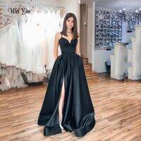 ✇﹉♙ n4rn Weiyin-vestidos longos de noite formais cetim fenda alta linha A sexy vestidos simples preto elegante