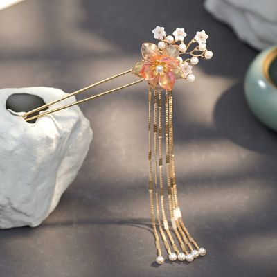 New Ancient Chinese Gold Color Simulated Pearls Flower Long Tassel Hair Stick Hairpins Step Shake Headpieces for Bride Noiva