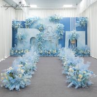 [ดอกไม้ประดิษฐ์ร้อน688] Azul Arreglo Floral De Boda Fila ฟลอเรสเดอเทียม Mesa Camino ฟลอเรสเดอ Plomo T Telón De Fondo De Escenario Bola De ฟลอเรสเดอ De Esquina