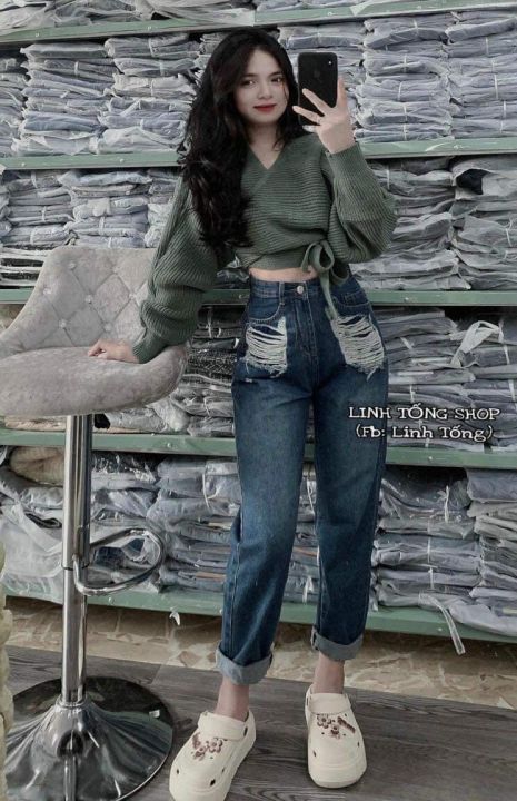 Quần Baggy jean nữ ống rộng Ulzzang lưng cao phong cách Retro ...