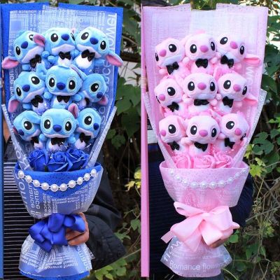 ส่งของตก Lilo Stitch การ์ตูนตุ๊กตาผ้ากำมะหยี่ของเล่นกุหลาบช่อดอกไม้ช่อด้วยของขวัญปาร์ตี้ดอกไม้งานปลอมแต่งงาน