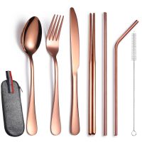 7pcs Stainless Steel Portable Tableware Set Knife Fork Spoon Chopsticks Straw and Brush Products Travel Cutlery Set Flatware Sets