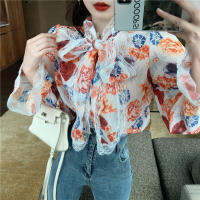 Women Bow Print Blouses Female Chiffon Lace Up Floral Tops And Blouse Ladies Casual Fashion Butterfly Sleeve Shirts Blusas Mujer