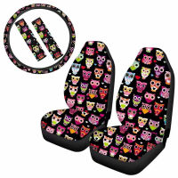 INSTANTARTS Lovely Cartoon Owl Design 5 Set Car Interior Seat Covers Non-skid Steering Wheel Cover Set Stylish Car Seat Pads