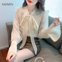 AMMIN สไตล์เกาหลีขนาดเล็กสดหวานพัฟแขนปักชีฟองด้านบนแฟชั่นใหม่หลวมแขนยาวโบว์ผูกออกแบบเสื้อชีฟองสั้น