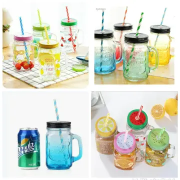 450ml Drinking Glass Set Mason Jar Mugs With Handle &straws (green)