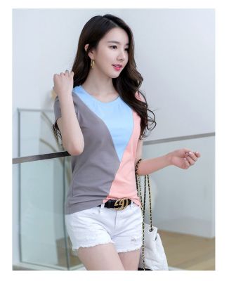 รุ่น147-คอกลมแขนสั้นเสื้อยืดผู้หญิงแฟชั่น สไตล์เกาหลีผ้าฝ้าย หน้าเสื้อและหลังเสื้อเป็นผ้าสามสีต่อกัน เพิ่มสีสันสวยงามพร้อมส่ง