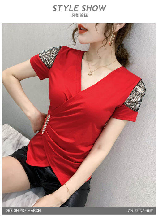 yimei-irregular-top-2023-summer-new-fashion-design-sense-heavy-work-bright-diamond-short-sleeve-red-t-shirt-female-temperament-womens-versatile-cotton-t-shirt