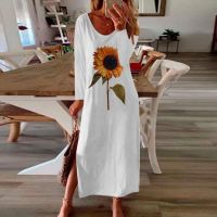 Sunflower 3D Print Split Summer Autumn Dress Women Elegant 2022 White Long Sleeve Plus Size Maxi Dresses for Women Vestidos