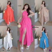 B13349 แม็กซี่เดรสเชือกคล้องคอ ผ่าแหวกหน้า Halter neckline maxi dress with split front