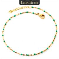 LUXUSTEEL Bohemian Green Blue Yellow Beads Chain Anklets Stainless Steel Summer Ankle Bracelet Body Jewelry Gifts For Women Girl