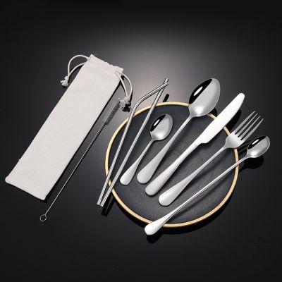 Justdolife 9PCS Travel Cutlery Set Portable Flatware Set Camping Utensils With Storage Bag Stainless Steel Tableware Set Flatware Sets