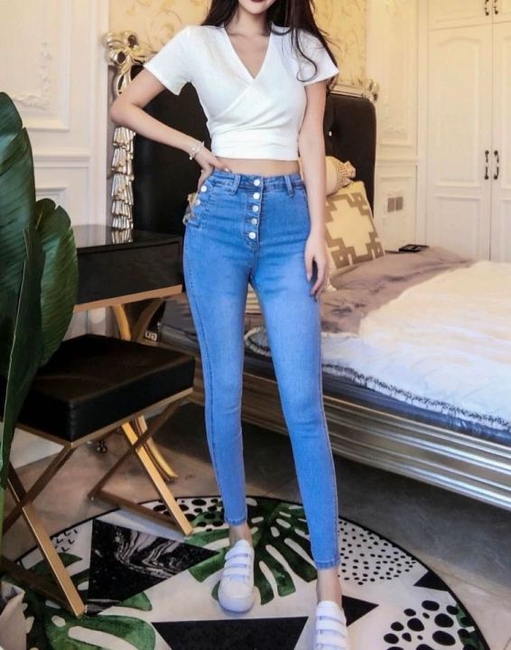 cod ALVIN Light blue Button down pants High waist jeans skinny stretch ...