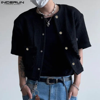 เสื้อแจ็กเก็ตเสื้อถักไหมพรมมีพู่สไตล์เรียบง่ายมีกลิ่นหอมของผู้ชายแขนสั้น INCERUN (สไตล์เกาหลี)