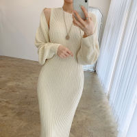 Korean chic autumn and winter temperament round neck vest knitted dress + loose short shawl jacket two-piece female