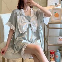 ✒♀ Large Size 6XL 150KG 2pc/set Summer Pajama Suit Female Slik Sleepwear Big Bow Women Pajama Sets Short Sleeve Tops and Shorts