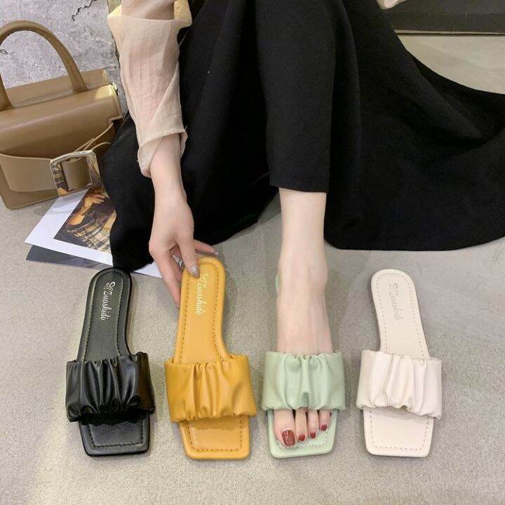 ผู้หญิงเกาหลีฤดูร้อนใหม่สไตล์เกาหลีใส่พับเย็นลากหัวสี่เหลี่ยมนางฟ้าลมรองเท้าแตะ-sf8341