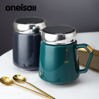 Oneisall 430 ml แก้วน้ำเซรามิกแก้วกาแฟพร้อมที่จับถ้วยและฝากระจกเหมาะสำหรับเก็บนมกาแฟน้ำผลไม้