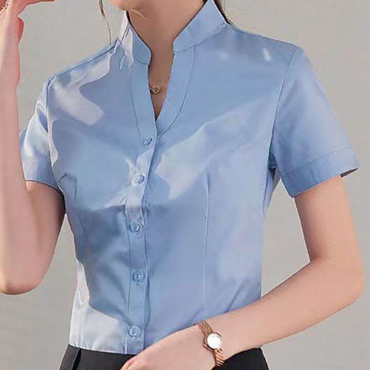 white-clothing-ladies-fashion-v-neck-shirt-joker-business-suits-hotel-receptionist-uniform-shirts-with-short-sleeves