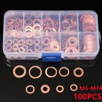 ◎☈ 100Pcs Copper Washer Gasket Nut And Bolt Set Flat Ring Seal Assortment Kit With Box M4/M5/M6/M8/M10/M12/M14 For Sump Plugs