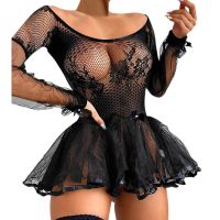 【YP】 Womens vestidos exóticos ver-através do laço retalhos vestido de manga longa colher pescoço camisola tule mini babydolls nightwear