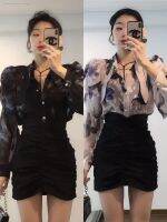 The new spring 2023 web celebrity hot style fashion suit dress butterfly printing long sleeve shirt drape skirt