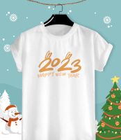 เสื้อยืดลายปีใหม่ Happy New Year &amp; Merry Christmas 2023 ลายน่ารักๆ ผ้า TK ใส่สบาย สีสันสดใส ไม่ยืดไม่ย้วย