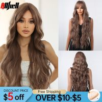 Synthetic Long Curly Brown Wigs with Bangs Daily Wig for Black Women Water Wavy Cosplay Party Natural Fake Hair Heat Resistant [ Hot sell ] Decoration Center