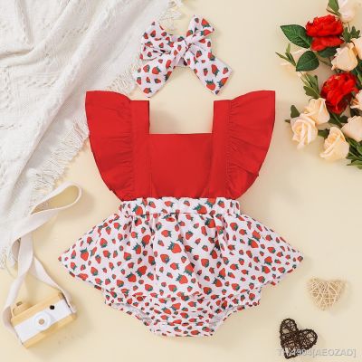❏ Ma bebê 0-24m recém-nascido infantil meninas macacão bonito morango impressão plissado playsuit geral roupas de verão traje d01