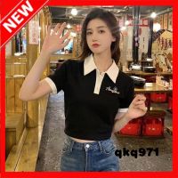 qkq971 WomenS Contrast Color Letter Embroidered Polo Collar Short Sleeve T-Shirt Top Summer