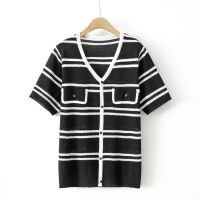 【มีไซส์ใหญ่】Plus Size XL-4XL Womens False Button Knitted Summer Shirts Oversized Vintage Striped Female White Black Tops