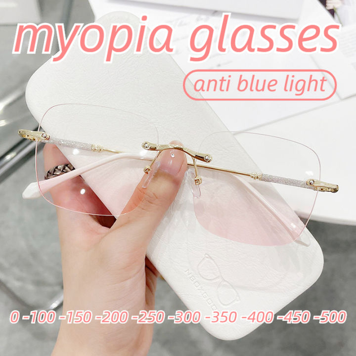 500-0-fashionable-frameless-แว่นสายตาสั้นสำหรับผู้หญิงป้องกันแสงสีฟ้าแว่นคอมพิวเตอร์สีชมพูแว่นสายตาสั้นสำหรับสตรี