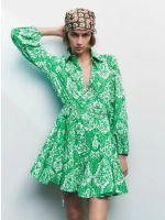 Summer Mini Dress Women Long Sleeve Elegant Pleated Floral Print Beach Vestido With Sashes Female Green Boho Dresses Women