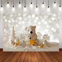 White bears backdrop bokeh glitter snowflake background for photo studio Christmas tree Bells white house Photo Booth Background