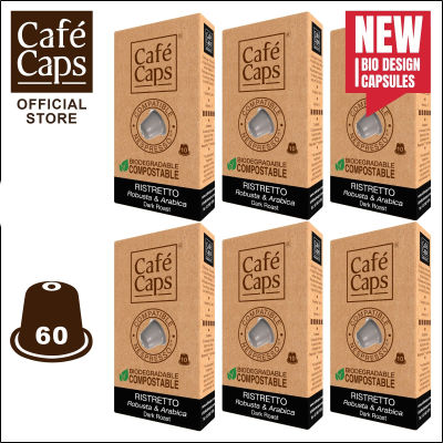 Cafecaps - แคปซูลกาแฟ Nespresso Compatible Ristretto (6 กล่อง X 10 แคปซูล) -กาแฟคั่วเข้ม สไตล์อิตาเลียน ผลิตจากเมล็ดกาแฟอาราบิก้าและโรบัสต้า - แคปซูลกาแฟใช้ได้กับเครื่อง Nespresso เท่านั้น