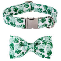 Unique Style Paws Summer Dog Collar with Bowtie Green Palm Leaf Dog Collar Beach Dog Collar for Large Medium Small Dog