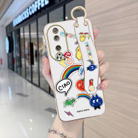 เคสสำหรับ Honor โทรศัพท์90 5G 90 Lite 5G พร้อมสายรัดข้อมือขอบสี่เหลี่ยมนิ่มลายการ์ตูนสีรุ้งตลกๆปลอกชุบเคสโทรศัพท์หรูหราชุบเคสโทรศัพท์นิ่ม