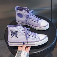 【Ready Stock】 ✥◇❏ C39 High-top canvas shoes butterfly embroidery wild board shoes autumn reflective small white shoes new autumn sports shoes