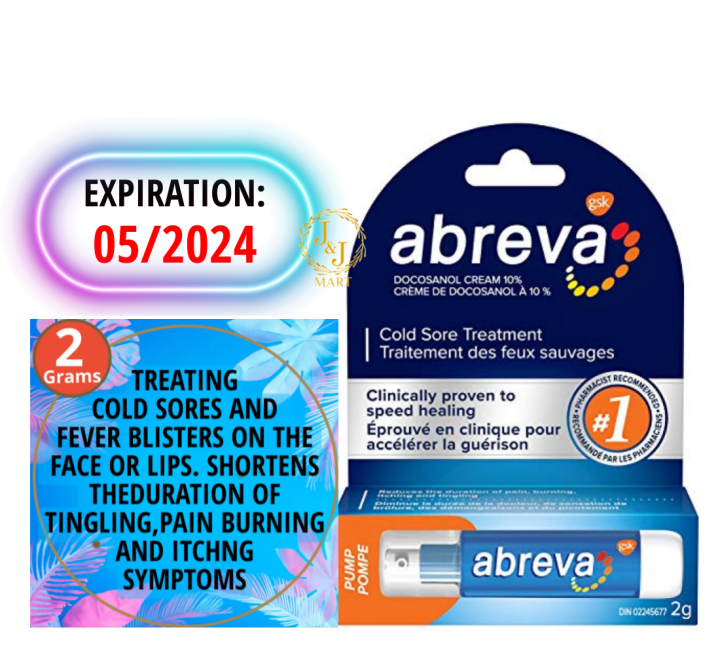 Abreva Docosanol 10% Cream Pump, FDA Approved Treatment for Cold Sore/Fever  Blister, 2 grams