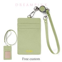 hot！【DT】✹✑✾  Custom Name Neck Card Holder Luxury Leather School Bus Pass Credit Sleeve Engrave Letters Lanyard Badge Purse