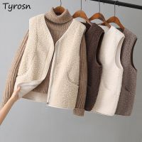 M-4XL Vests Women Warm Lambswool Autumn Solid V-neck Waistcoats BF New Arrival Ulzzang Zippers Sleeveless Outwear Mujer Korean