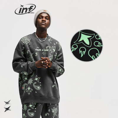 Inflasi Streetwear Besar เสื้อกีฬาแขนยาวผ้าฟลีซ Dibarisi Paisley Cahaya Bercetak Pullovers