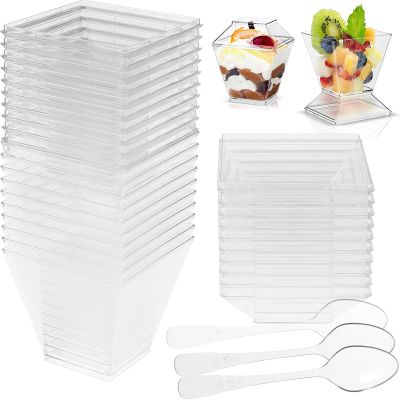 【CW】❅◕●  50 Pcs Dessert Cups with Lids Spoons 2oz/60ml Plastic Parfait Appetizer Cup