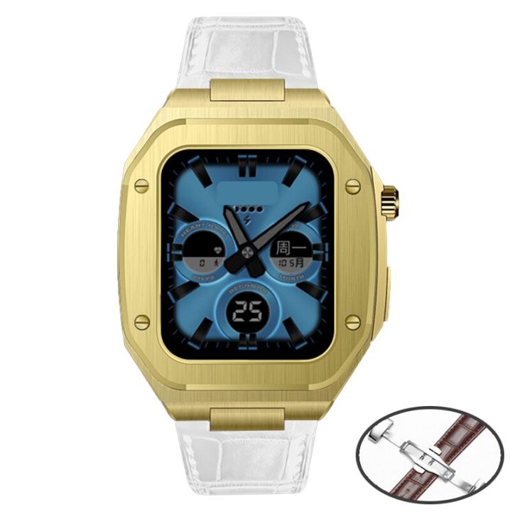 44 45Mm Luxury Stainless Steel Case For Apple Watch 8 7 6 5 4 SE 41Mm 40Mm Metal Case Frame Bezel Leather Strap Modification Kit