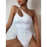 Women Swimsuit White Color Irregular Single Shoulder Foldable Waist Bathing Suit