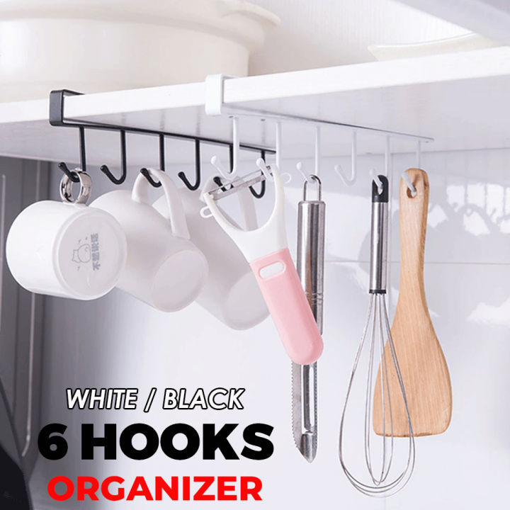 6-Hook Coffee Cup Mug Holder Hanger - Under Cabinet or Shelf Mount -  Punch-Free Installation - White/Black