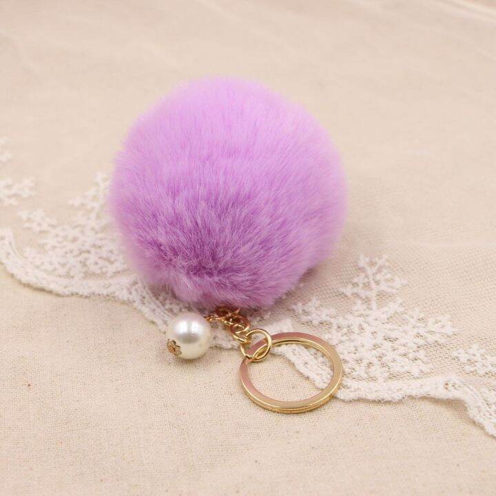 new-women-fur-key-chain-car-keychain-pom-pom-8cm-pompom-25-colors-with-pearl-bag-charm-cute-car-key-ring-jewelry-keychains-key-chains